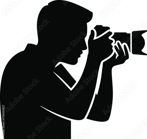 Silhouette Photographer Capturing Moment Professional Camera Black Vector Illustration Transparent Background