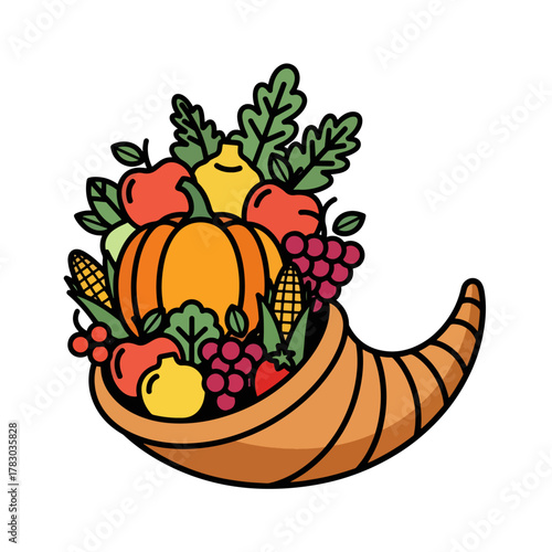 Modern Outline Style Abundance Cornucopia with Various Fruits and Vegetables Illustration