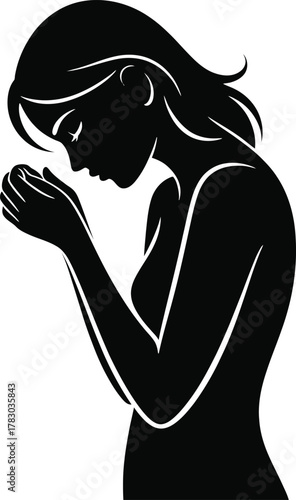Silhouette Woman Praying with Head Down and Hands Cupped in Supplication Minimalist Outline Vector Graphic