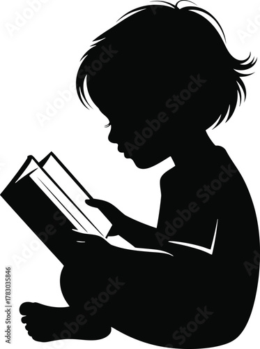 Silhouette Small Child Sitting Down Reading Book Learning Development Concept Vector Illustration