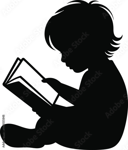 Silhouette Small Child Sitting Down Reading Book Learning Education Concept Vector Illustration