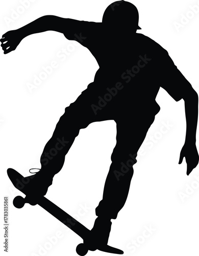 Skateboarder silhouette performing trick dynamic urban sports action concept black vector graphic isolated