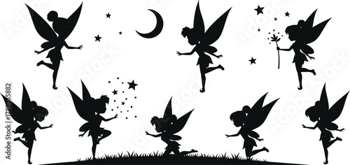 Fairy silhouette illustration, magical flying fairies, moon and stars, whimsical fantasy scene, black winged figures, enchanted night, vector art