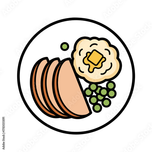 Cartoon Style Turkey Dinner Illustration with Mashed Potatoes and Peas on Plate
