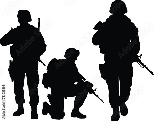 Three Army Soldiers Silhouettes Standing and Kneeling with Rifles Military Combat Ready Poses Vector Illustration