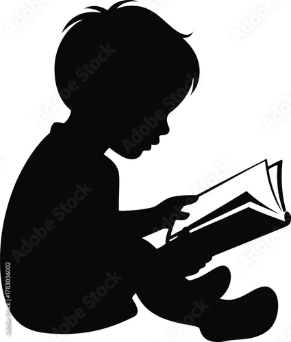 Young Boy Silhouette Reading Book with Focused Expression Child Education and Learning Activity