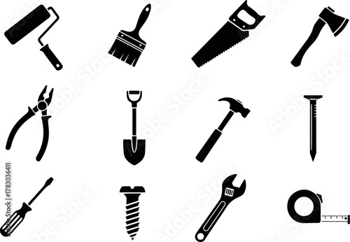 Construction and DIY tools collection, home repair equipment, maintenance objects icons set