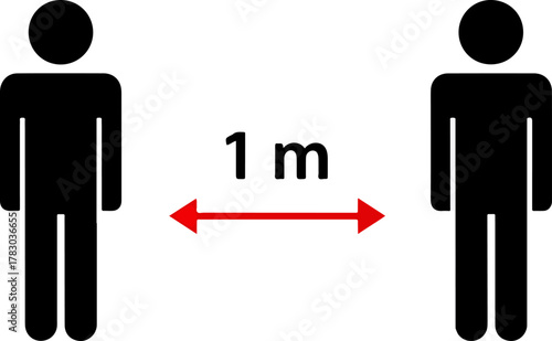 Social distancing two people icon, maintaining one meter safe physical distance, public health.