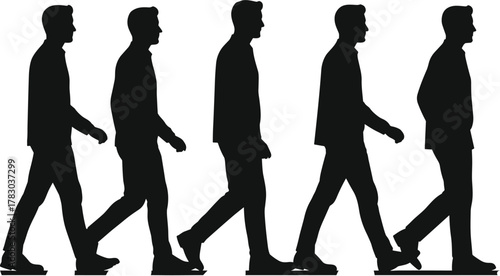 Man walking silhouette, five motion stages, black figures on white background, human gait cycle, posture study, minimal design, movement concept