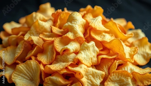 Pile of crispy potato chips, various shapes and sizes,  crunchy,  plate