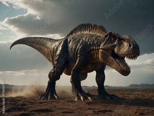 Ultra-realistic 8K cinematic close-up of an Indominus Rex emerging from shadows, half its face hidden in darkness, with a glowing white eye.
