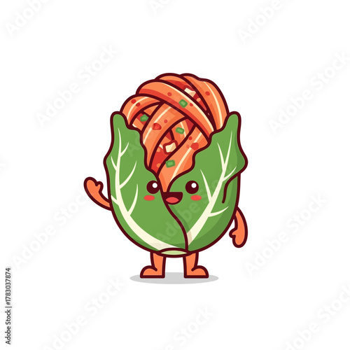 Cute kawaii kimchi character in a napa cabbage, a friendly Korean food mascot waving hello