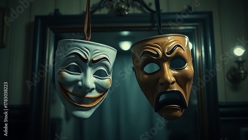 oriflamme. Comedy and tragedy masks hanging before a vintage dressing room mirror in a dim backstage setting. event programs.