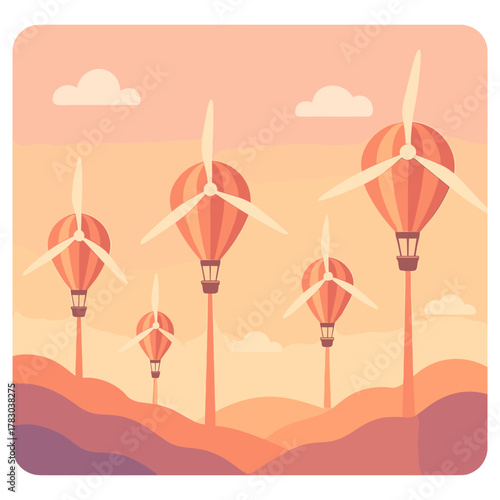 Hot Air Balloon Wind Turbines Sunset