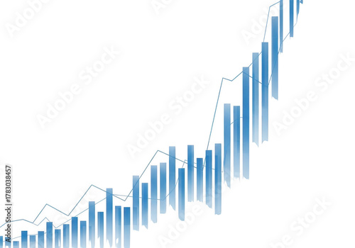 Blue bar chart and line graph showing upward trend and growth isolated on transparent background