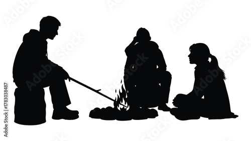 Friends around campfire silhouette isolated on white background, Vector