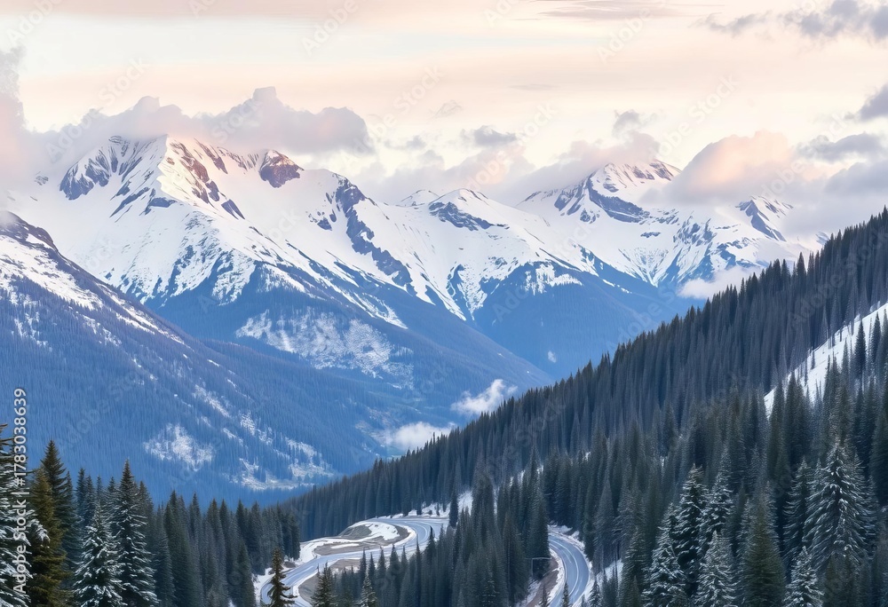 Pastel Scandinavian mountain landscape seamless border Snowy peaks, spruce forest, winding roads, clouds Perfect nursery wallpaper,  nursery,  minimalist