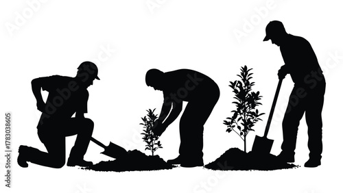 Tree planting process silhouette isolated on white background, Vector