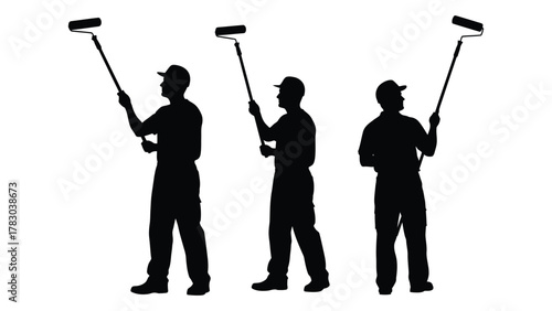 Painters with rollers silhouette isolated on white background, Vector