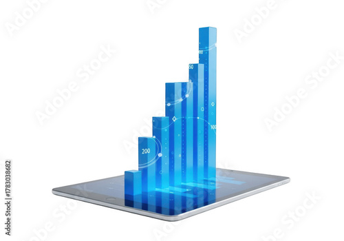Fototapeta Naklejka Na Ścianę i Meble -  3d glowing blue bar graph rising from a tablet screen, isolated on transparent background