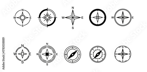 Compass icons set on black background navigation directional symbols