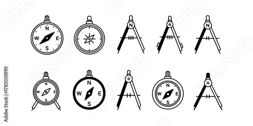 Compass collection monochrome illustrations navigation and direction concepts