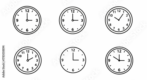 Clock faces showing different times in simple black and white design