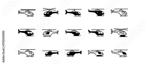 Helicopters icons set black and white transportation elements