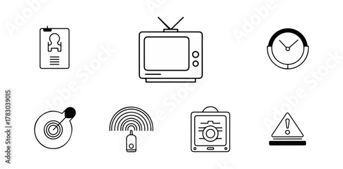 Iconic vector graphics of various objects and symbols on black background