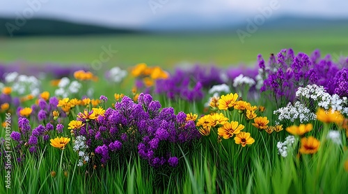 Vibrant wildflower meadow in early spring with purple yellow and white blossoms under a cloudy sky with distant hills