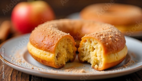 Fototapeta Naklejka Na Ścianę i Meble -  Apple cider or pumpkin spice donuts with a bite taken out, created with generative ai