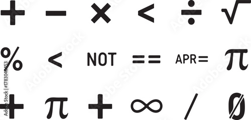 Mathematical Symbols and Operators on White Background Showing Addition Subtraction Multiplication and Division with Geometric and Financial Equations for Education and Design