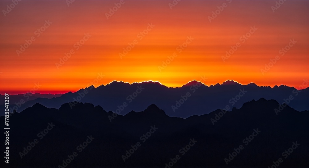 Fototapeta premium Silhouette of mountains against a vibrant orange and red sunset sky, creating a dramatic landscape.