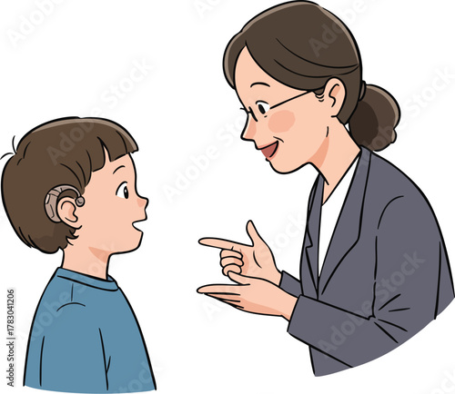 A woman in a blazer scolds a young boy with brown hair and a blue shirt.