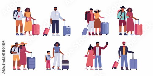 Diverse group of people with luggage traveling together on vacation or business trips