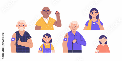 Diverse group of people of different ages and genders showing vaccination band aids on their arms
