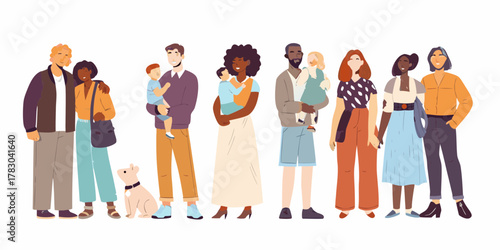 Diverse group of families and individuals standing together with a dog on a white background