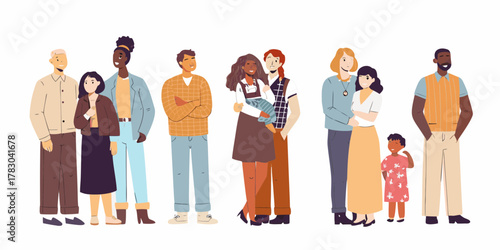 Diverse group of people standing together representing different families and relationships