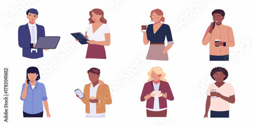 Diverse group of professionals in business attire using technology and enjoying coffee breaks