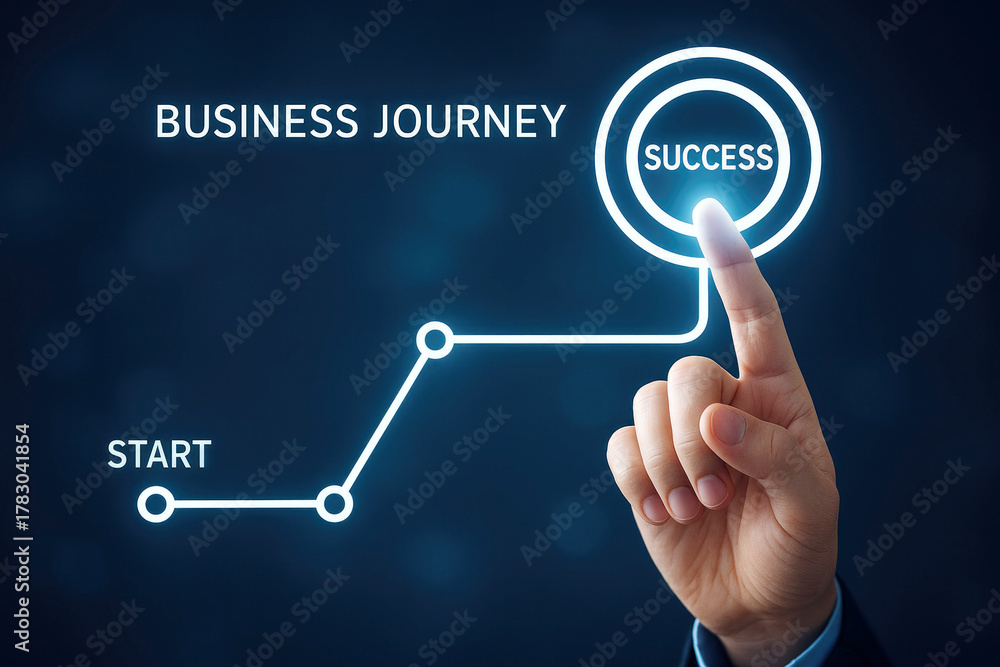 Obraz premium Businessman's finger pressing success button on digital business journey chart start goal