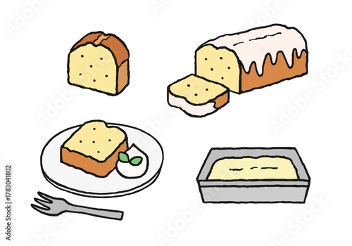 パウンドケーキの手描きイラストセット