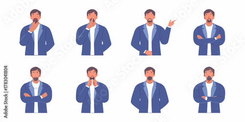 Collection of eight different poses and expressions of a man in a blue suit jacket and white shirt