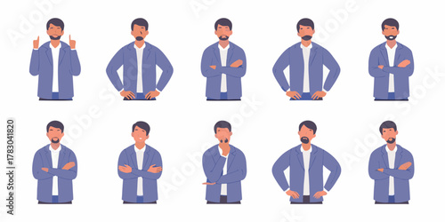 Set of business man characters showing different emotions and poses in flat design style