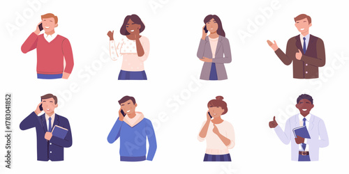 Diverse group of people happily talking on their mobile phones and showing positive gestures