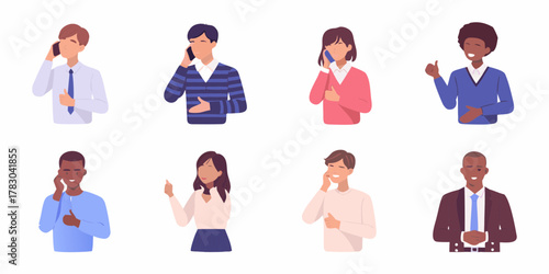 Diverse group of people smiling and talking on cell phones with thumbs up gesture
