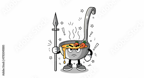 Angry Cartoon Ladle Holding a Spear Ready for Battle.
