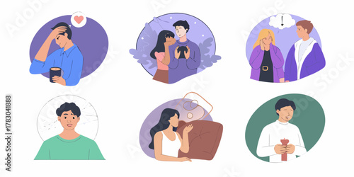 Set of six illustrations depicting various human emotions and relationships