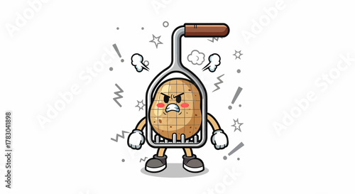Angry Potato Masher Cartoon Character with Frowning Face.