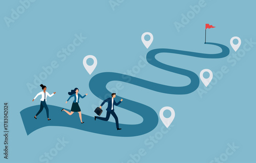 
Work process or work process, Timeline to success, Roadmap, Project planning, Timeline, Progress in business, Team of business people running on a timeline, tracking and reviewing projects.