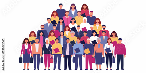 Diverse group of people standing together in a pyramid formation representing unity and community